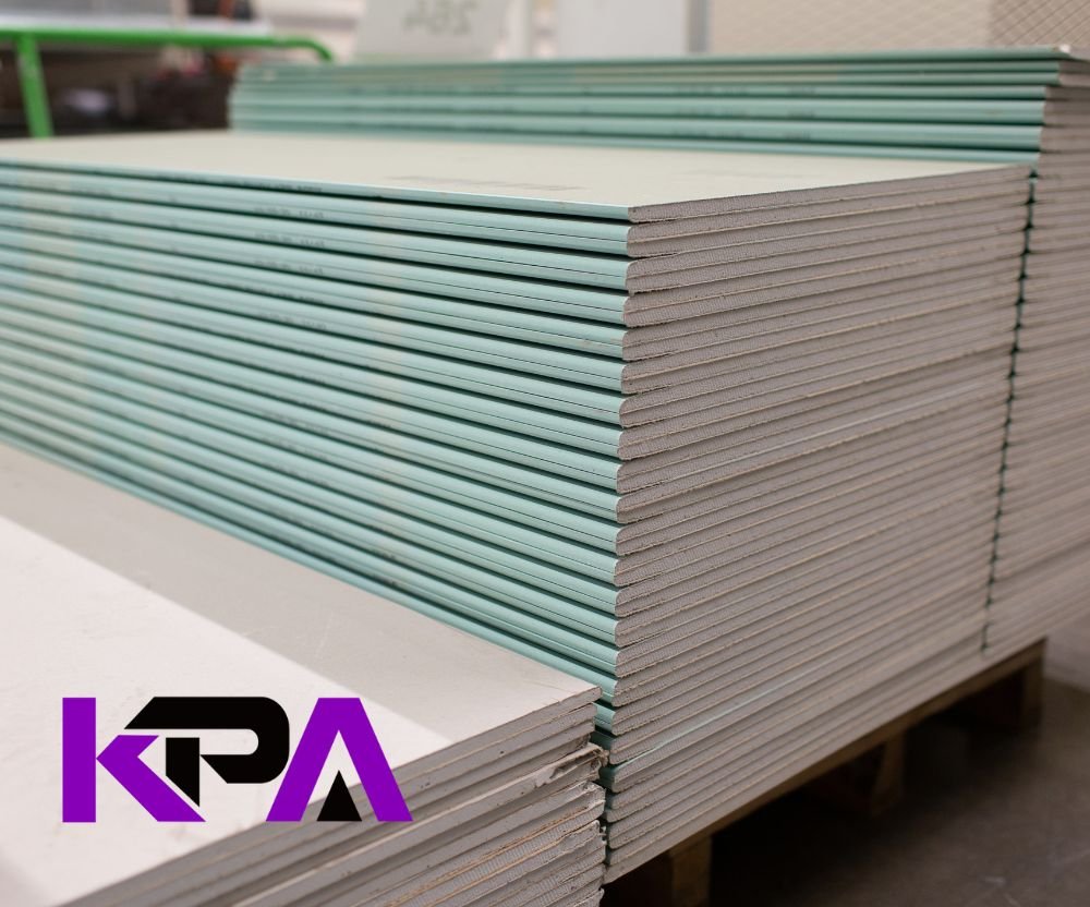 KPA branded stack of plasterboards for walls, ceilings and partition construction