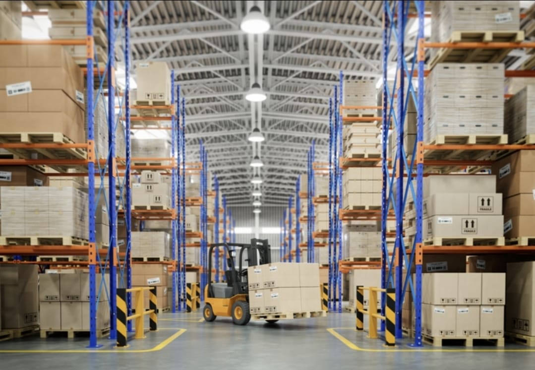 Warehouse interior with forklift and storage racks for material distribution